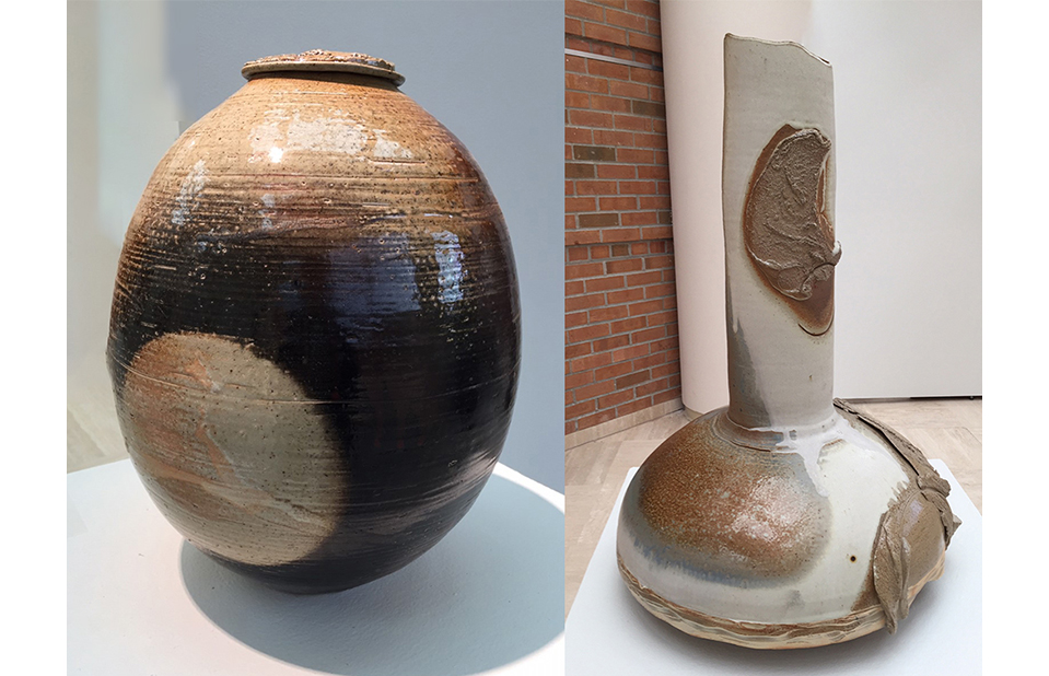 Soda fired lidded jar with orbs in glaze surface and tall multisectional vessel in muted earthtones